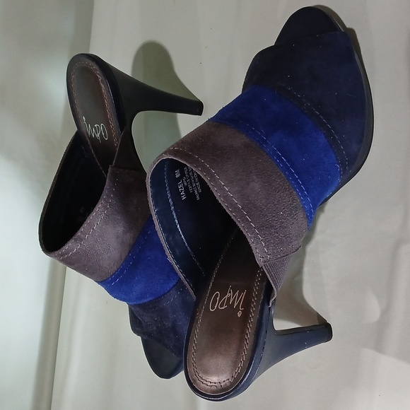 👡 Retro Chic Blue Brown Striped Suede Feel Mules by Impo Size 8 Y2K Heels - Picture 1 of 6